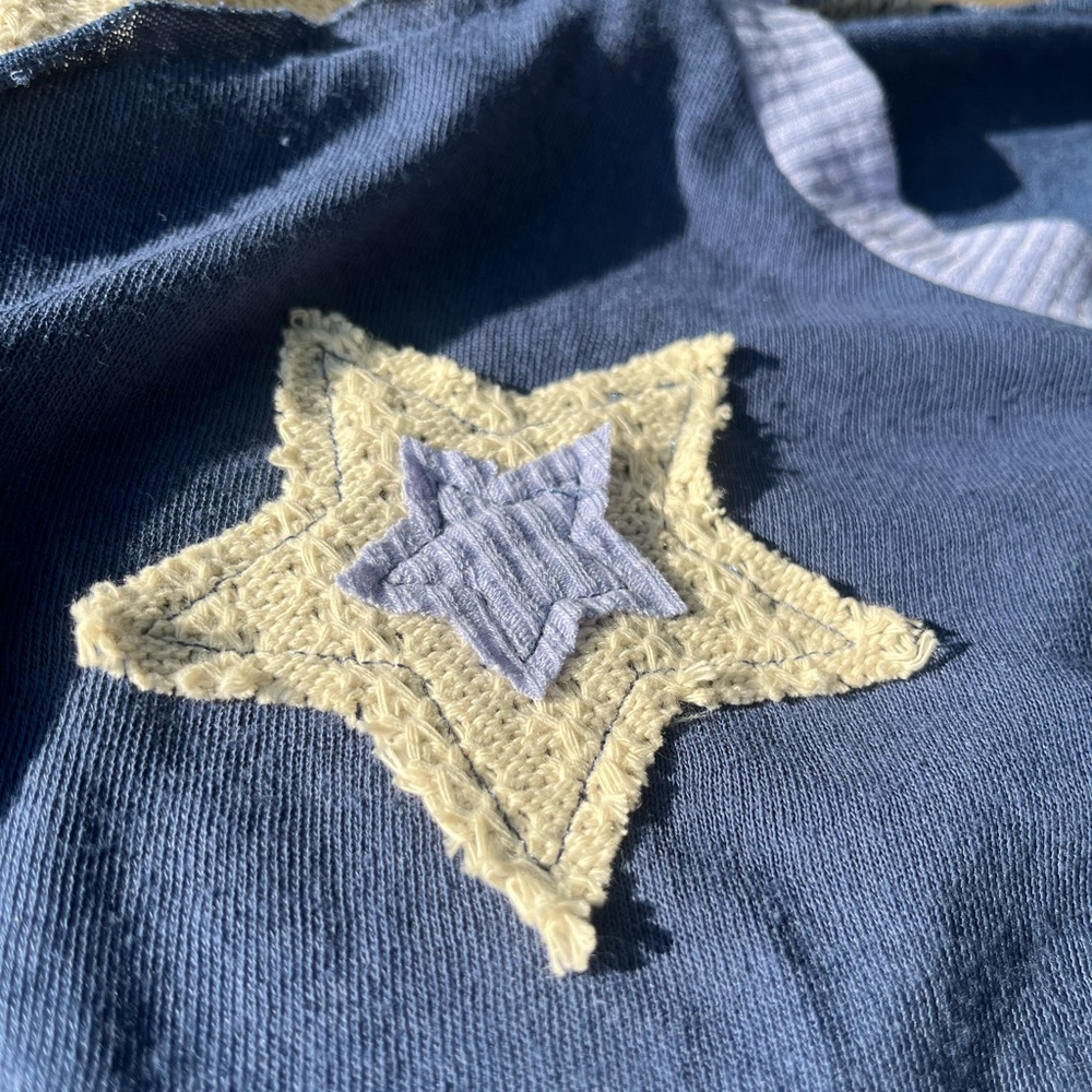 POL Sweater Womens Med Blue & Cream Patchwork Stars Boutique Long Sleeve Top - Picture 10 of 11